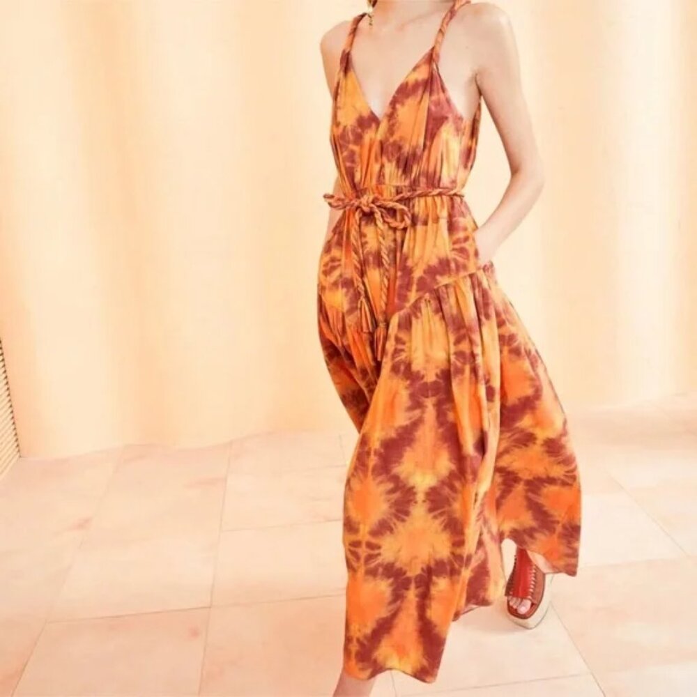 Ulla Johnson Valentina Midi Sun Dress Red Topaz Shibori Tie Dye Sleeveless Party